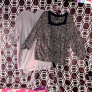 ELLOS duo: embroidered wheat motif blouse & dove grey pin stripe smock